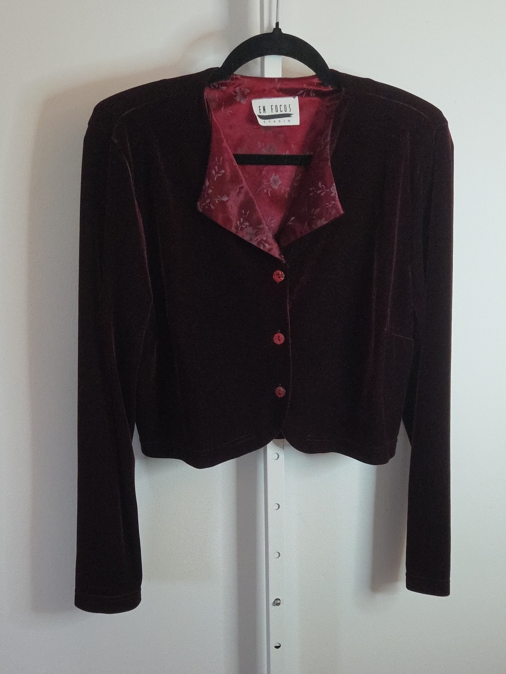 VTG En Focus Studio Velvet Cropped Blazer Floral Lapel Jacket Large AS IS